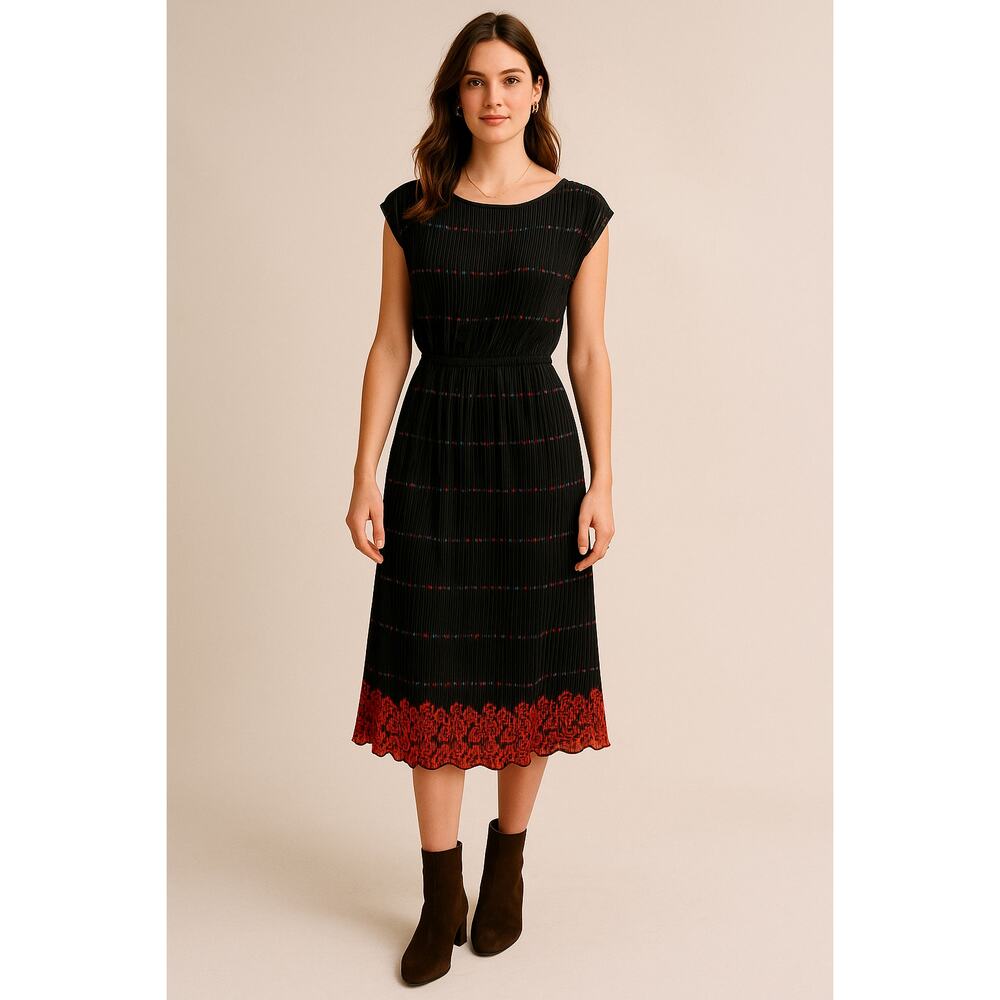 Vintage 80's Womans S Plisse Pleated Midi Dress Dark Floral Elastic Waist Black
